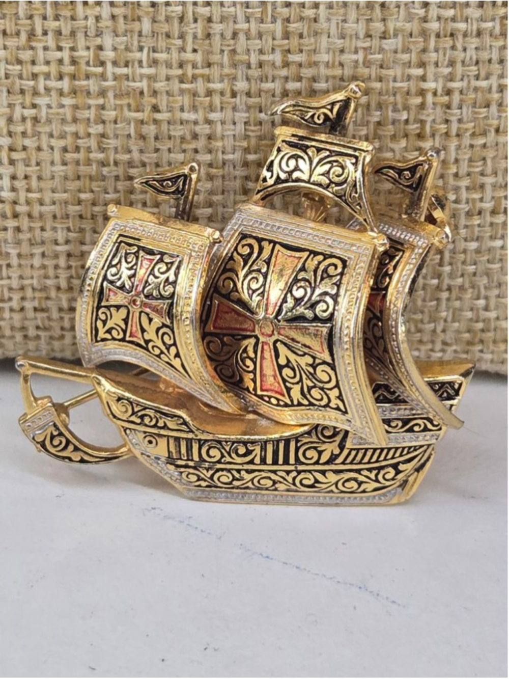 Vintage Damascene Spanish Galleon Brooch Goldtone Black Red Classic Sail Boat
